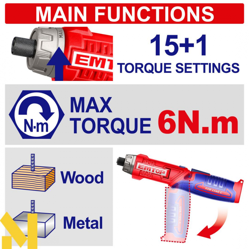 Викрутка акумуляторна EMTOP ECSR0803