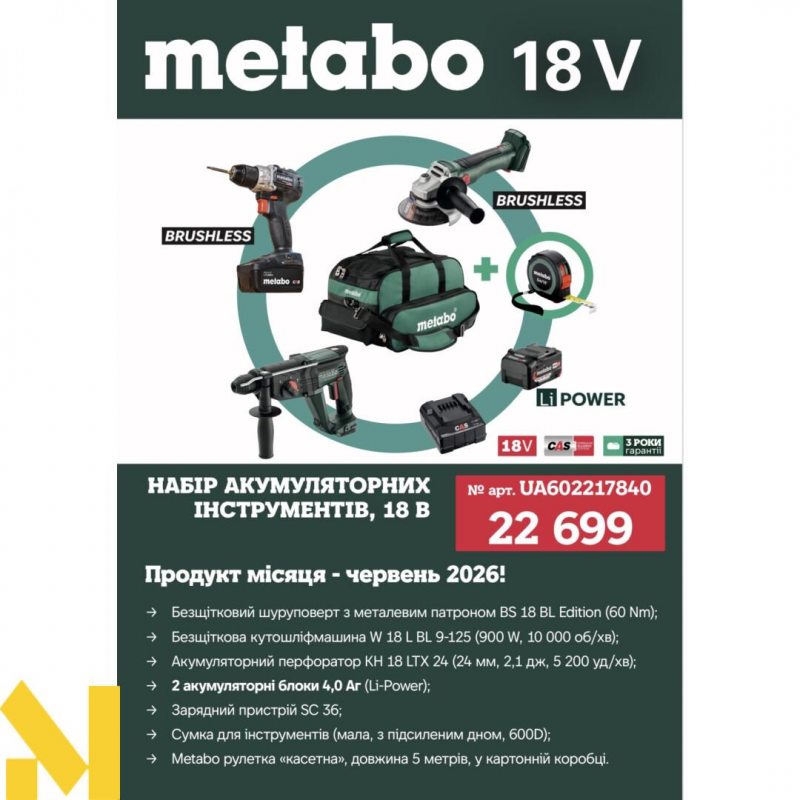 Набір інструментів акумуляторних Metabo BS 18 BL Edition, W 18 L BL 9-125, KH 18 LTX 24, рулетка 5 м, сумка, 2 акб Li-Power 18V 4 Ah, з/п SC 36